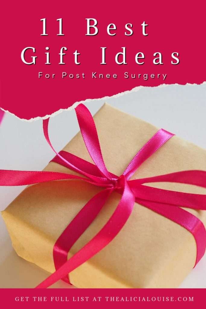 Brown gift with pink ribbon. 11 best gift ideas for post knee surgery. Get the full list at thealicialouise.com