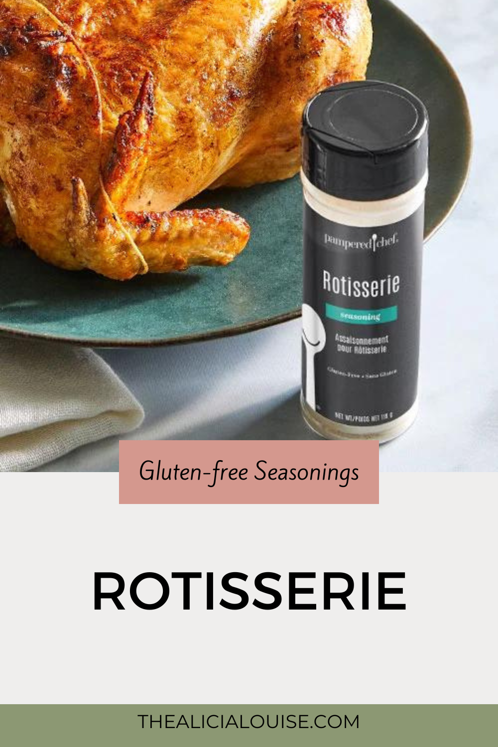 pinterest pin size graphic with a picture of the pampered chef rotisserie seaosning with the wording gluten free seasoning on the top