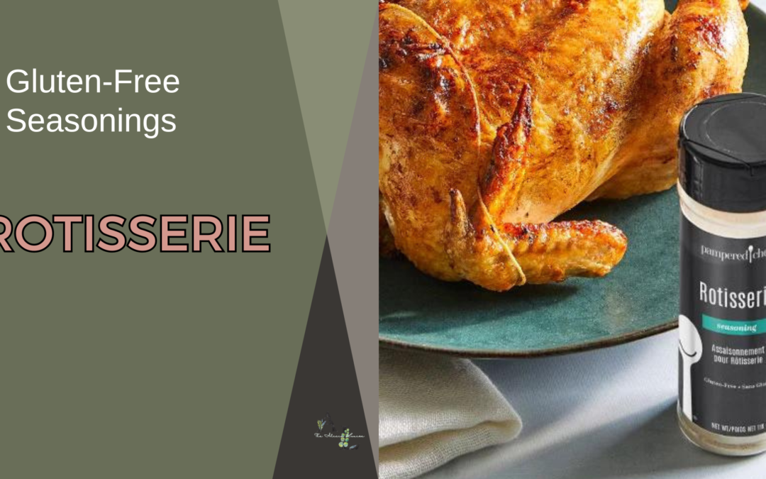 featured picture size graphic with a picture of the pampered chef gluten-free rotisserie seaosning with the wording gluten free seasoning on the top